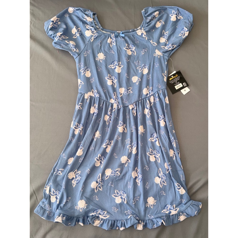 Girls‎ Blue Floral Ribbed V-Waist Ruffle Dress NWT 7/8 Planet Gold Quiet Harbor